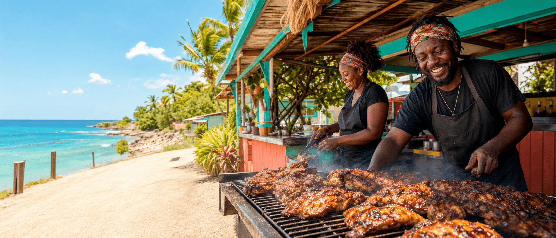 Smiling cooks preparing jerk chicken in brilliant Caribbean sunshine — concept photography