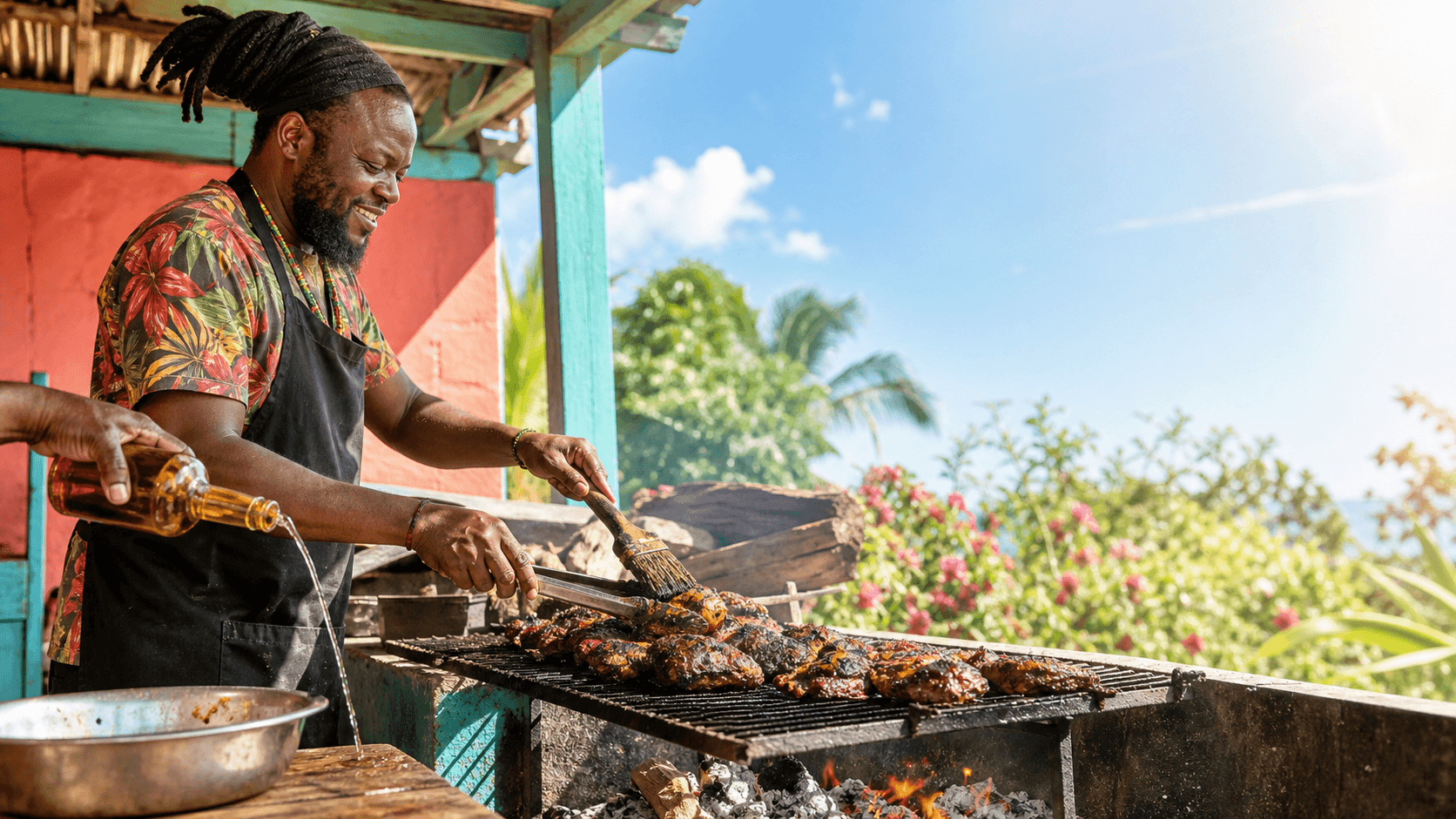 A smiling cook basting jerk chicken at a sunny open-air grill — concept photography