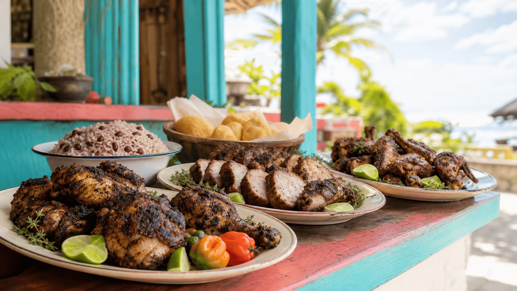 A spread of Jamaican jerk meats, rice and peas, festival and vegetables — concept photography