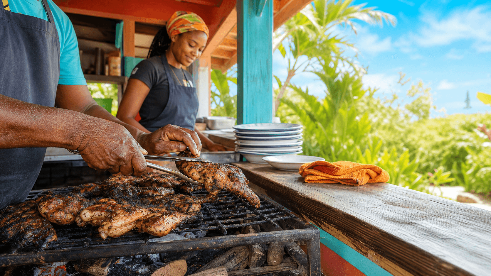 Two cooks carrying forward Jamaica's jerk tradition in bright daylight — concept photography