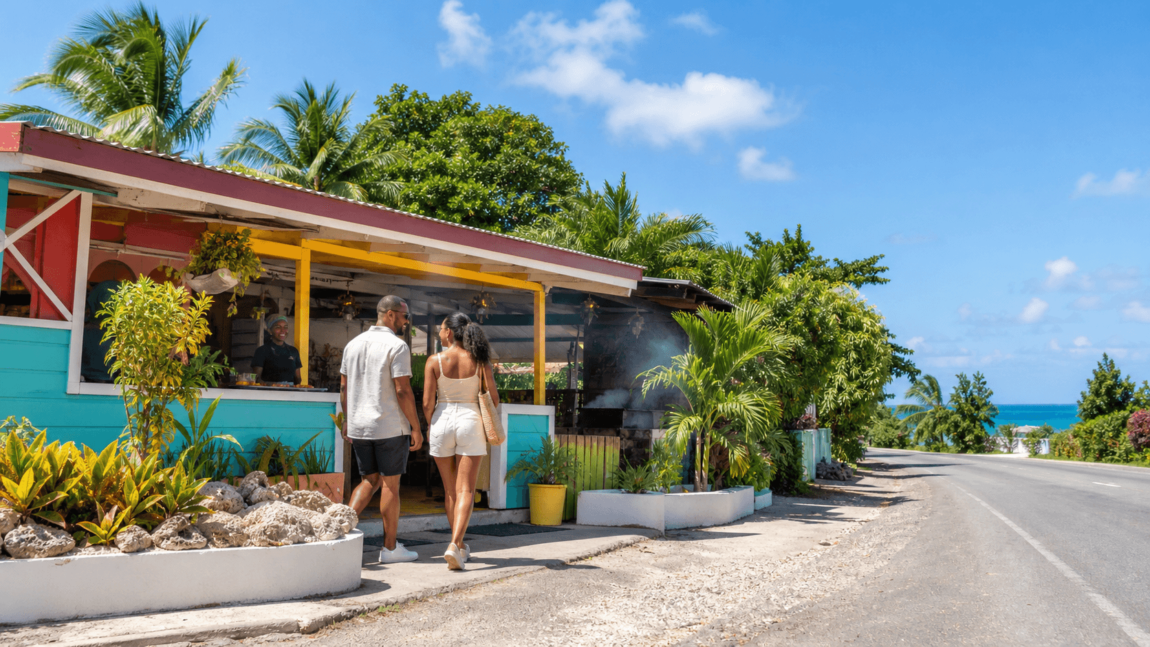 A colorful open-air roadside jerk centre beneath a clear Discovery Bay sky — concept photography